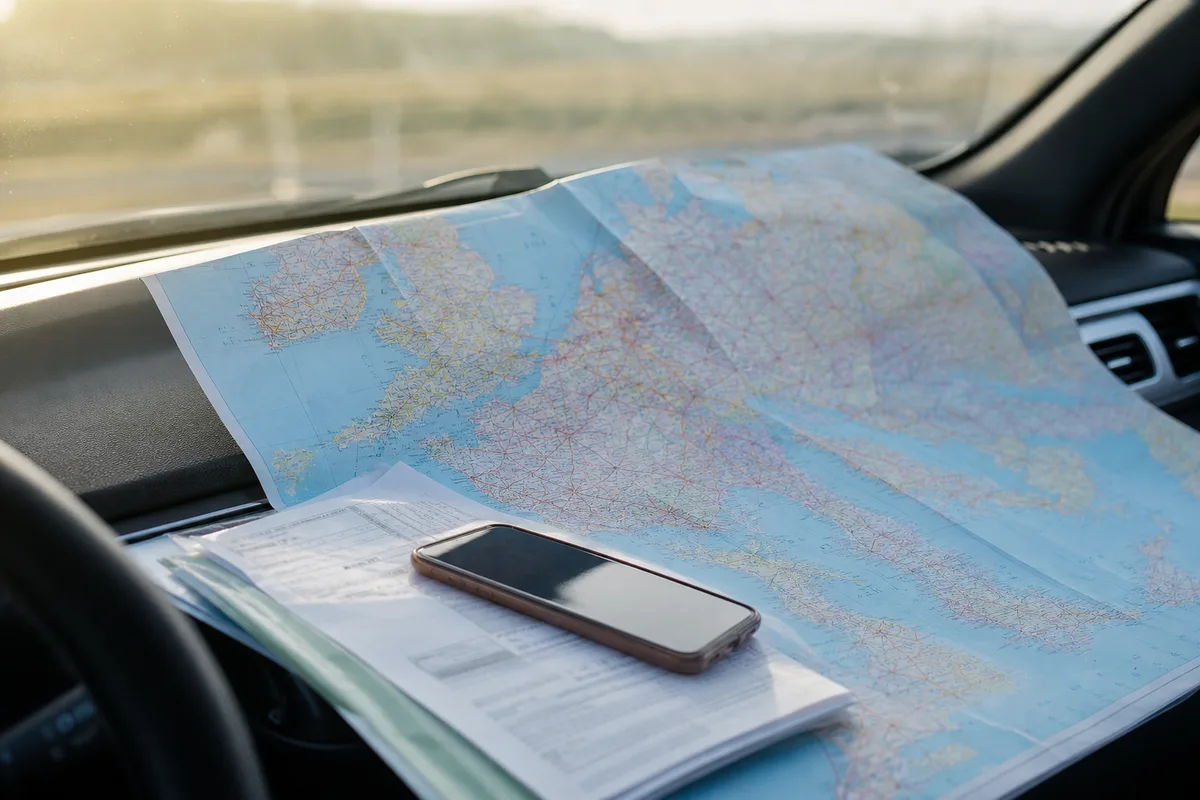 Documents d’assurance auto et carte routière d’Europe posés sur un tableau de bord