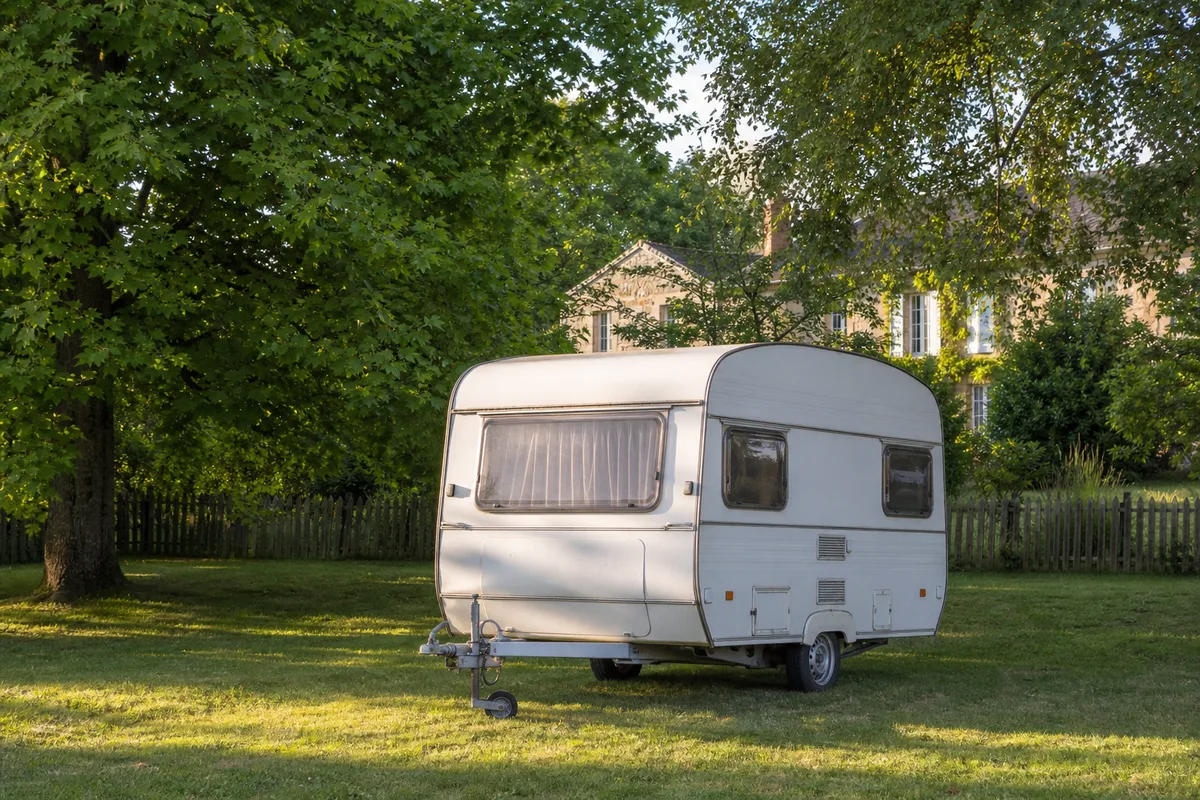 Caravane stationnée dans un jardin privé arboré en France