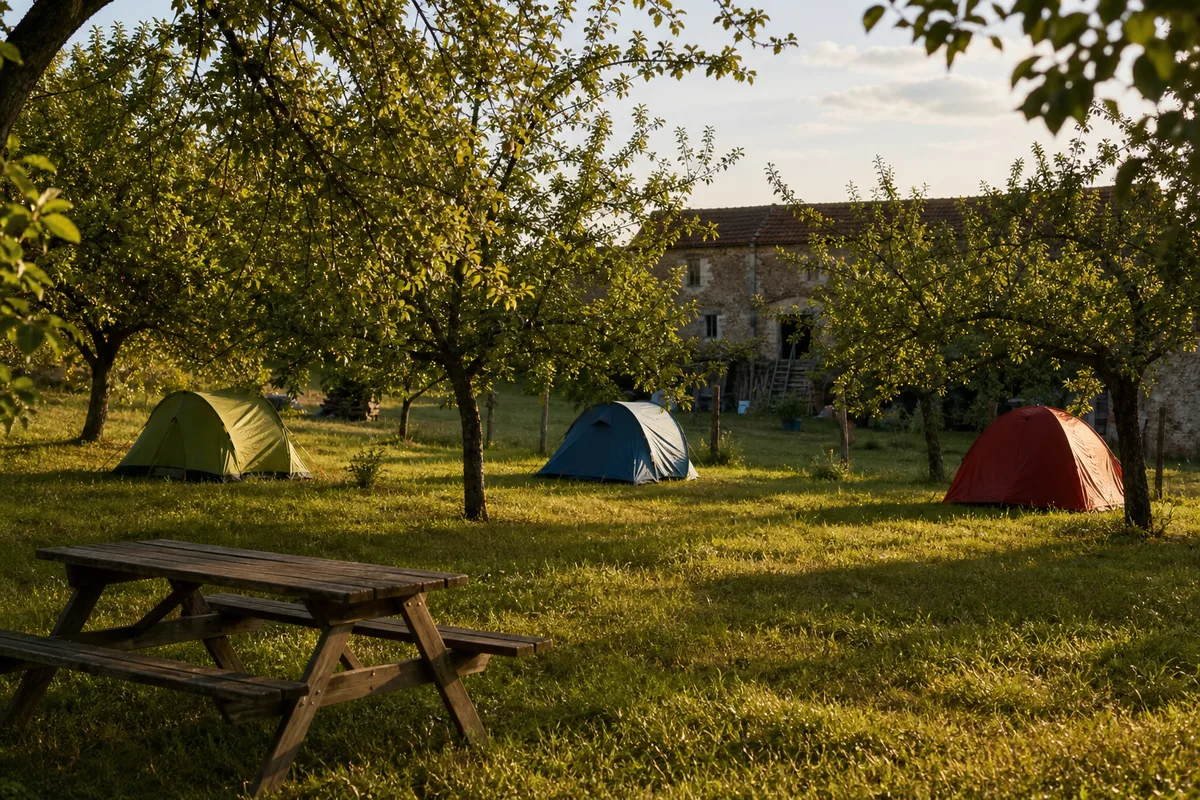 Petit terrain de camping à la ferme avec trois tentes espacées