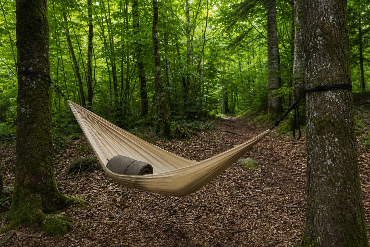 Hamac tendu entre deux arbres au bord d’un sentier forestier