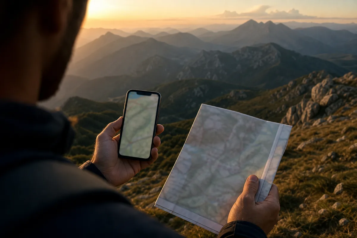 Randonneur consultant une carte et son téléphone avant de choisir un emplacement