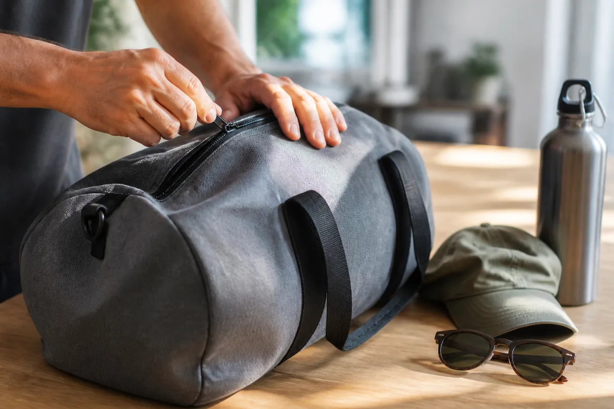 Voyageur refermant son sac de cabine sur une table claire avant un départ