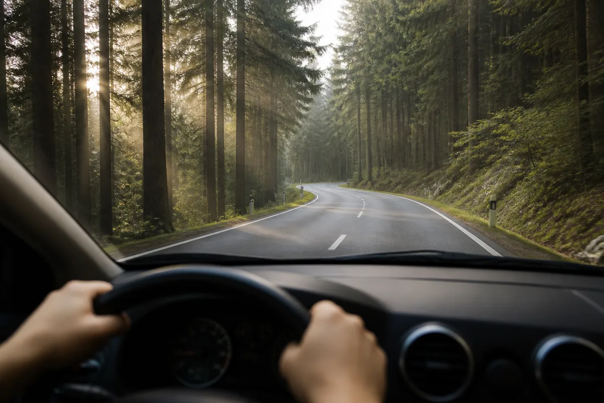 Mains sur un volant au petit matin, route de montagne bordée de conifères