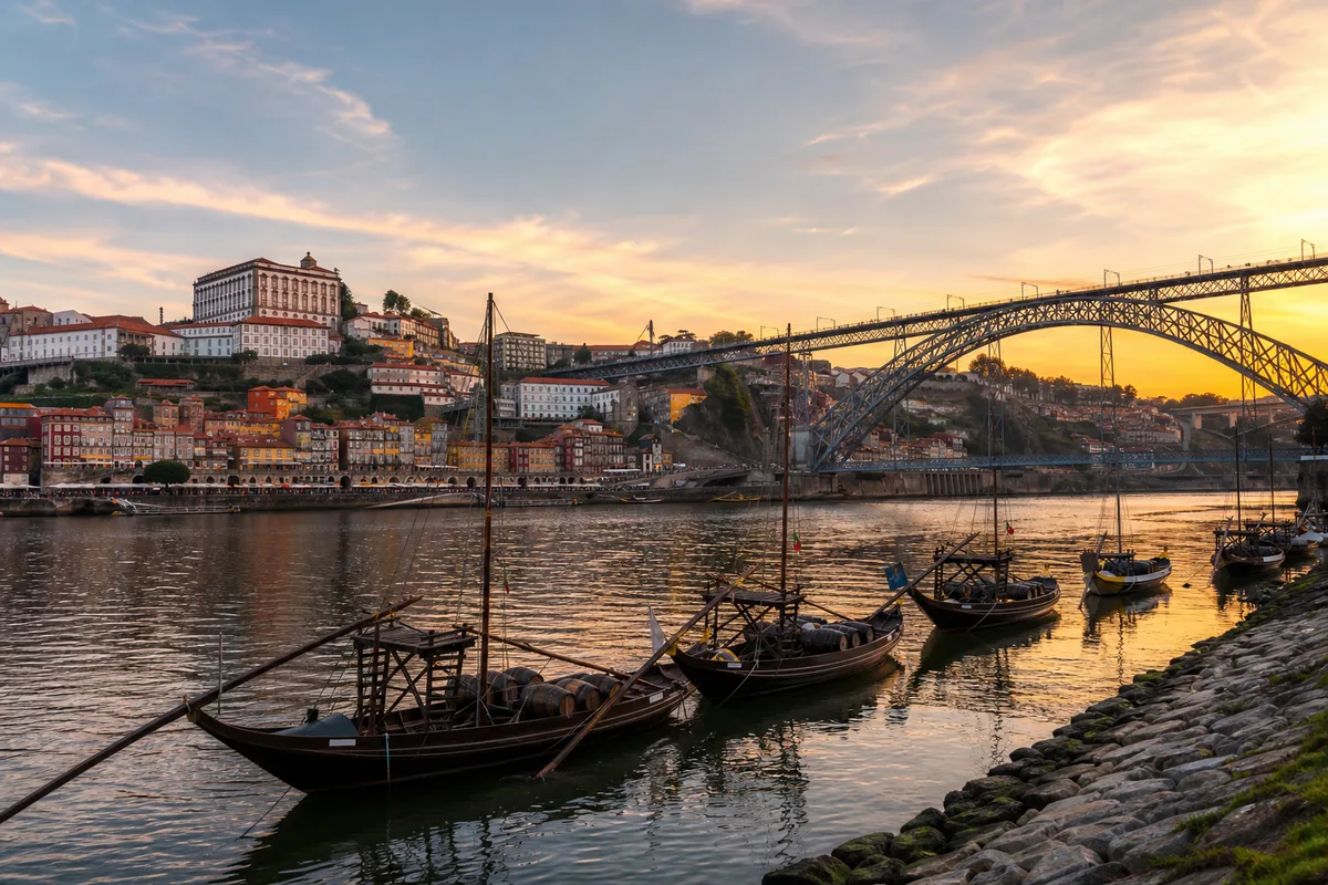 Vue de Porto et du pont Dom-Luís depuis les rives du Douro à Vila Nova de Gaia