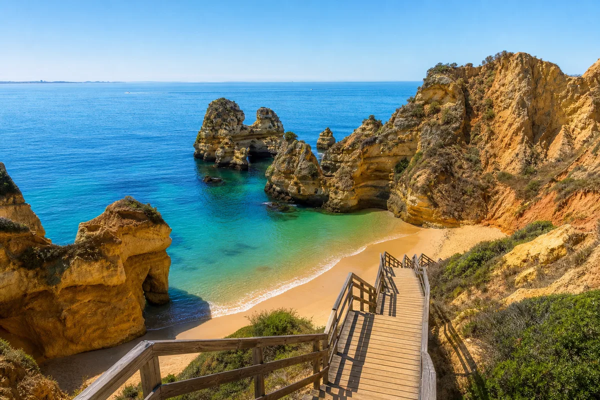 Falaises ocre et eau turquoise de la plage de Praia do Camilo en Algarve