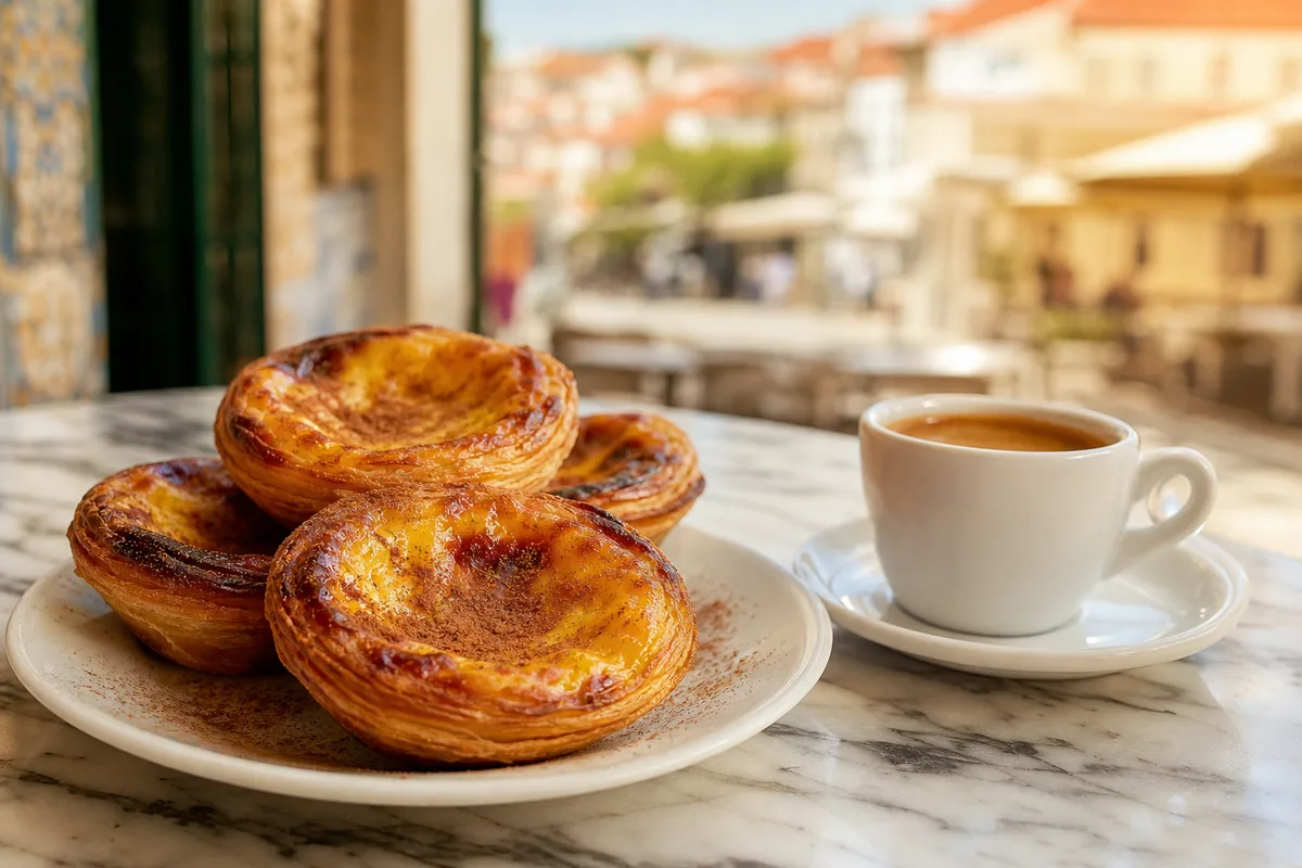 Pastéis de nata dorés et café sur une terrasse à Lisbonne