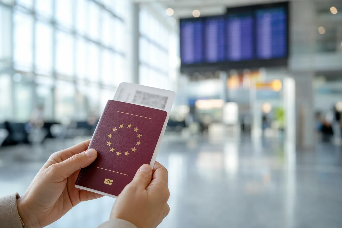 Voyageur tenant passeport et carte d&rsquo;embarquement dans un aéroport