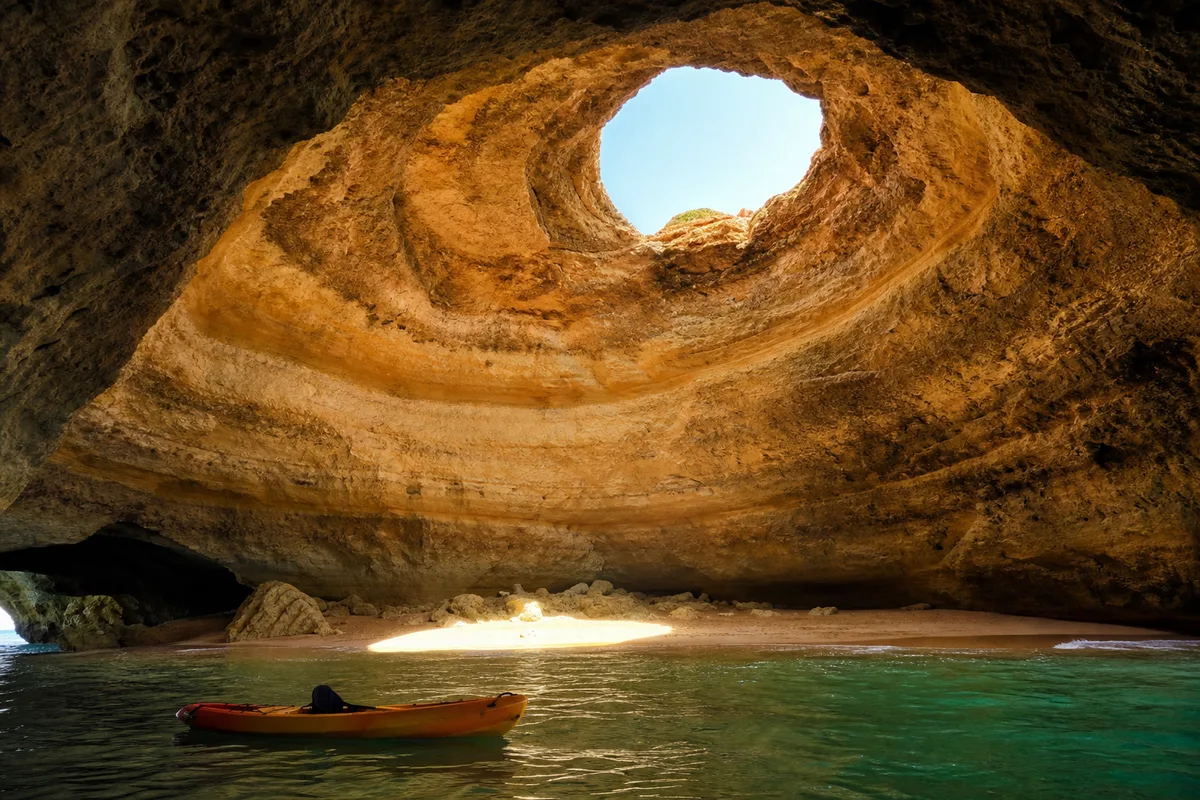 Puits de lumière éclairant la plage intérieure de la grotte de Benagil