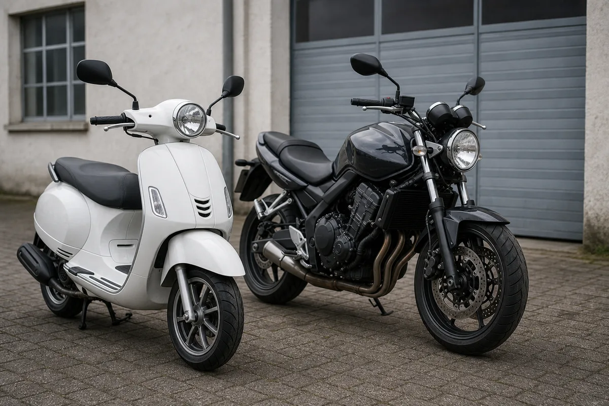 Scooter urbain et moto routière stationnés côte à côte devant un atelier