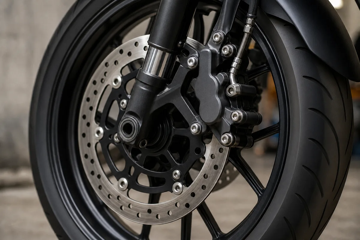 Détail de la roue avant, du disque et de l&rsquo;étrier de frein d&rsquo;une moto en atelier