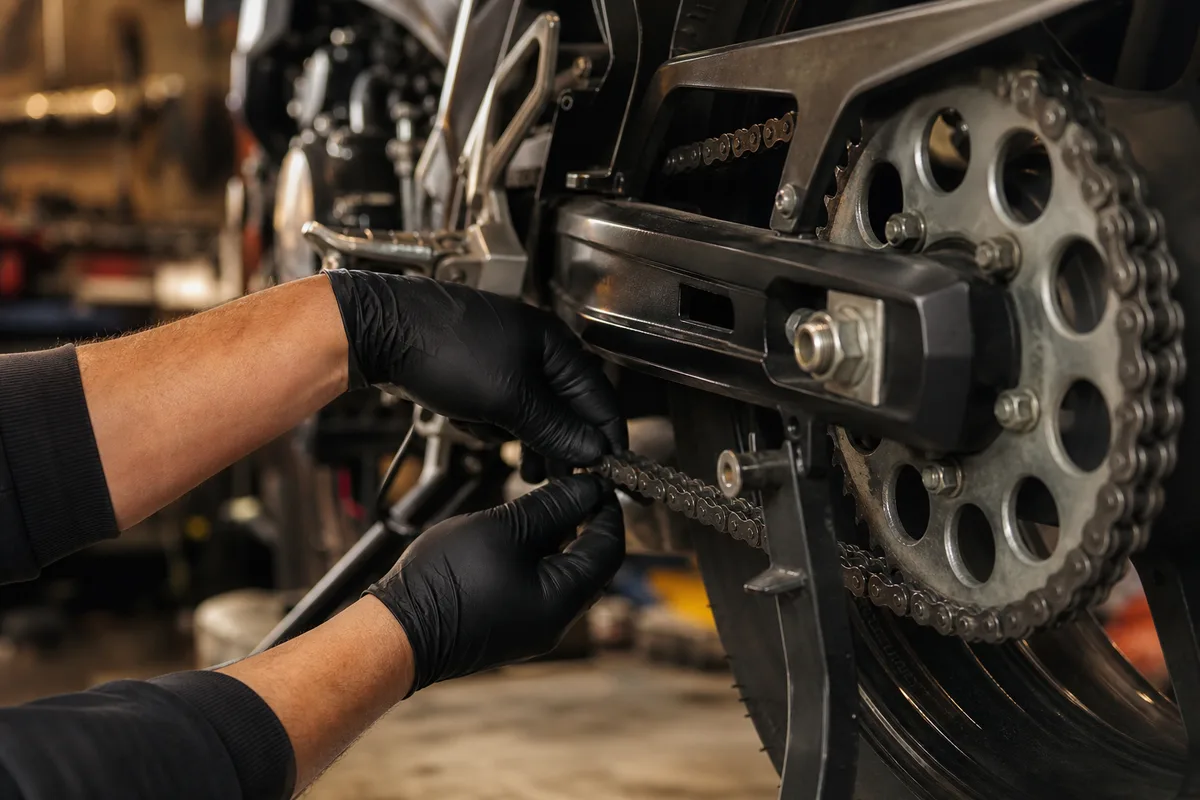 Mains gantées d&rsquo;un mécanicien vérifiant la tension de la chaîne d&rsquo;une moto