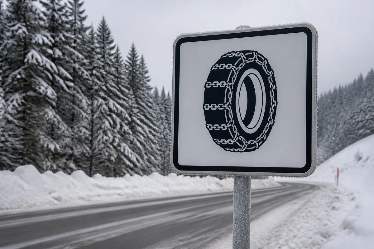 Panneau routier de zone à équipements hivernaux obligatoires au bord d&rsquo;une route de col