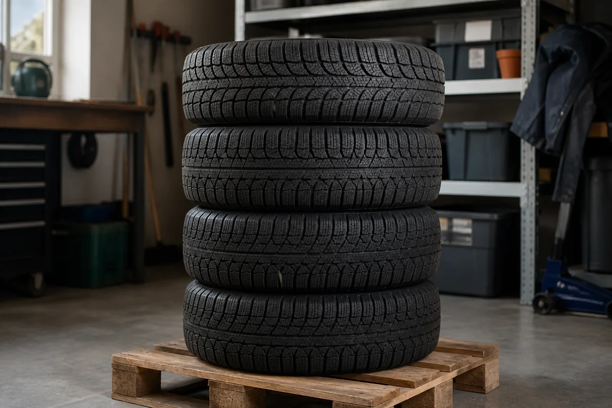 Jeu de pneus hiver rangés à plat dans un garage pour la belle saison