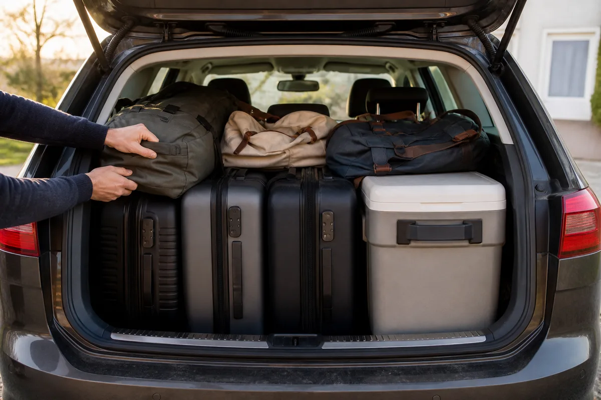Chargement méthodique du coffre d&rsquo;un break familial avant un départ en voyage
