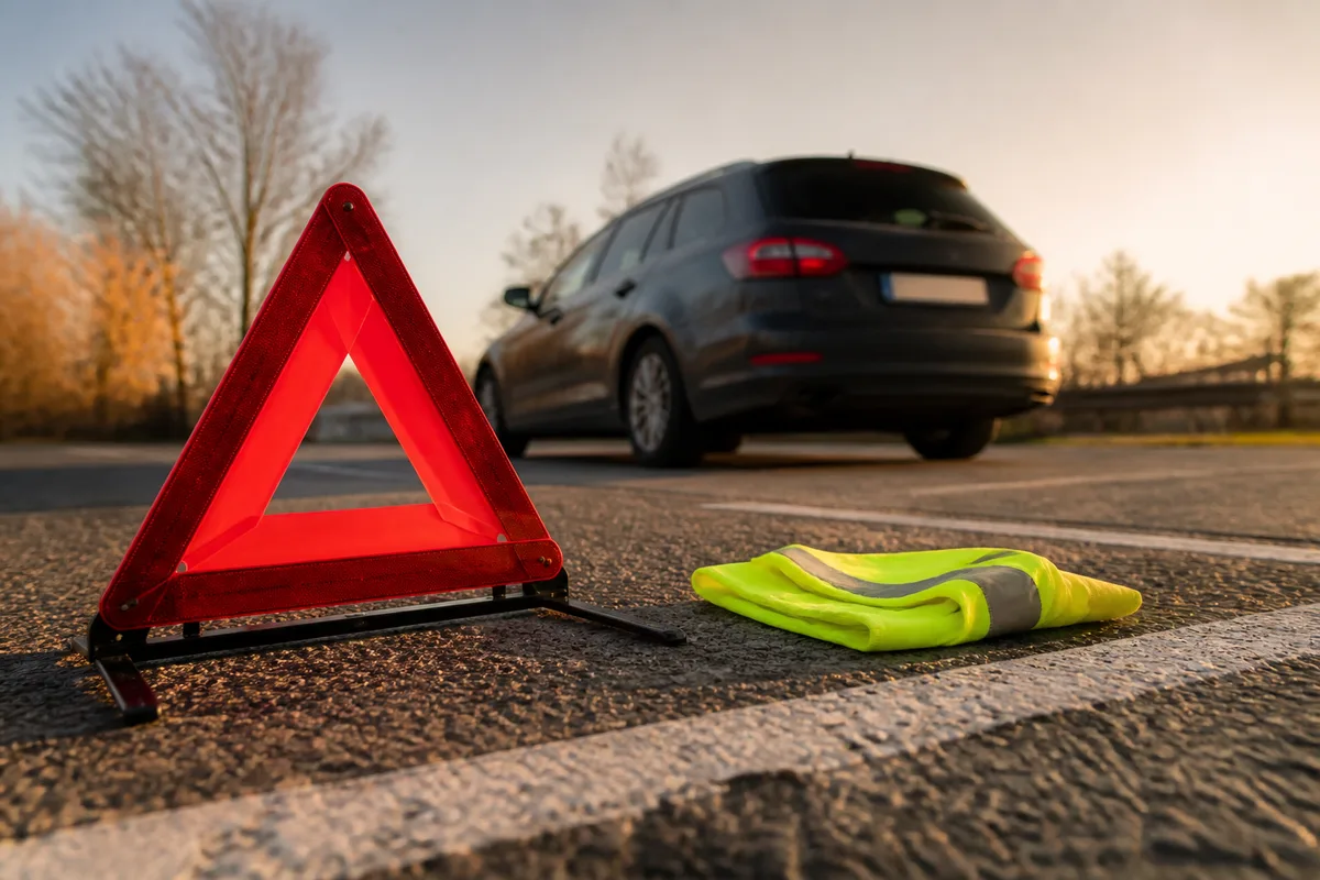 Gilet de haute visibilité et triangle de présignalisation posés près d&rsquo;une voiture sur une aire d&rsquo;autoroute