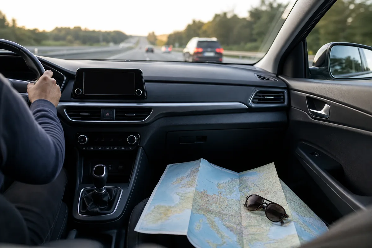 Tableau de bord de voiture avec carte routière européenne sur le siège passager