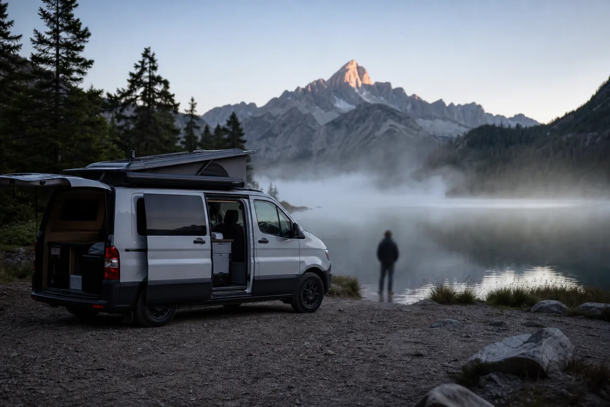 Van aménagé stationné au bord d’un lac de montagne au lever du jour