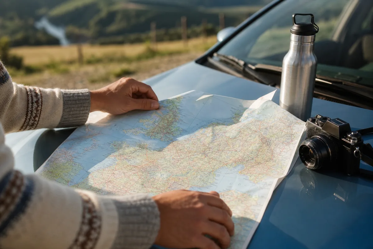 Mains dépliant une carte routière de l’Europe sur le capot d’une voiture